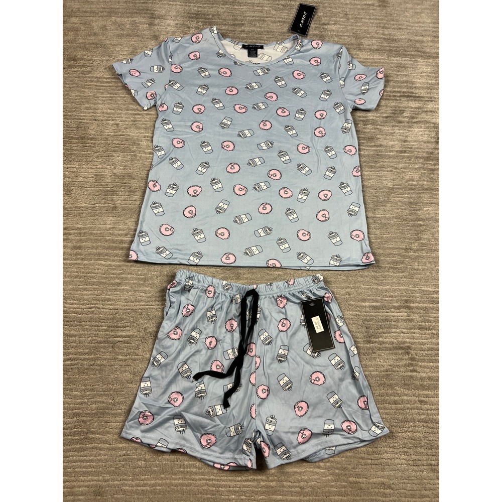 C-Mode Pajama Set Women S/M Blue‎ Coffee Donut Print Sleepwear 2pc Shorts Set